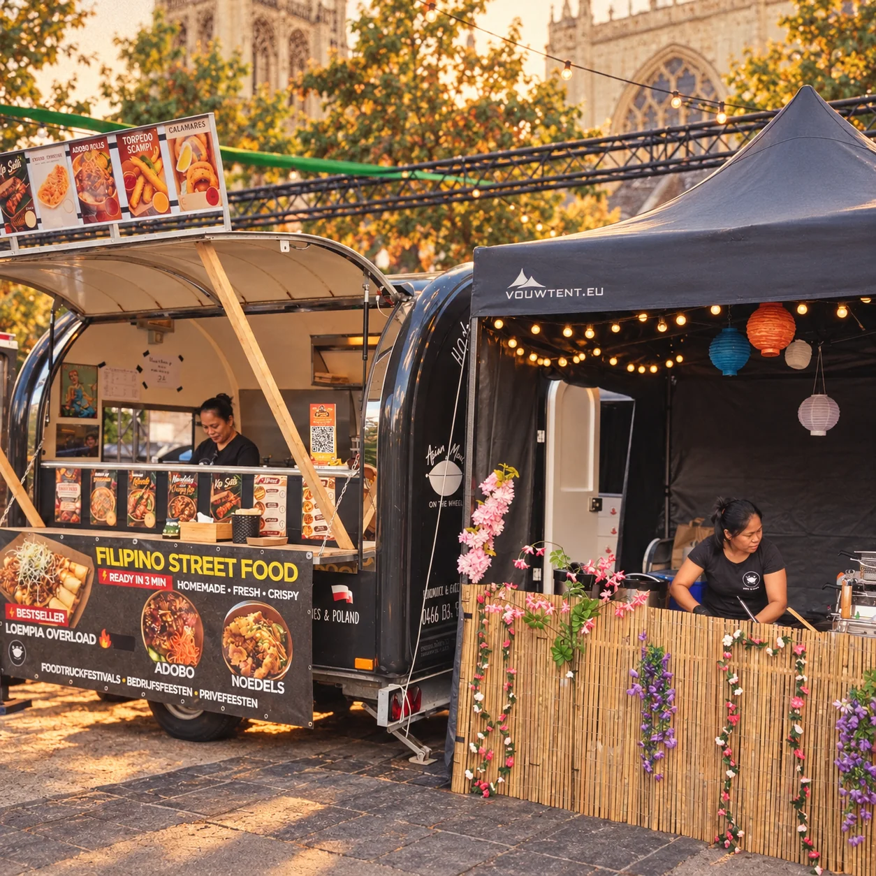 Asian Meal on the Wheel foodtruck met bloemen en feestverlichting, in warme retrokleuren